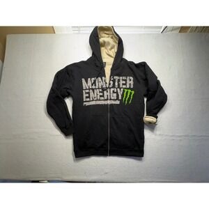 Mens Black Monster Energy Sherpa Lined Zip Hoodie Large y2k